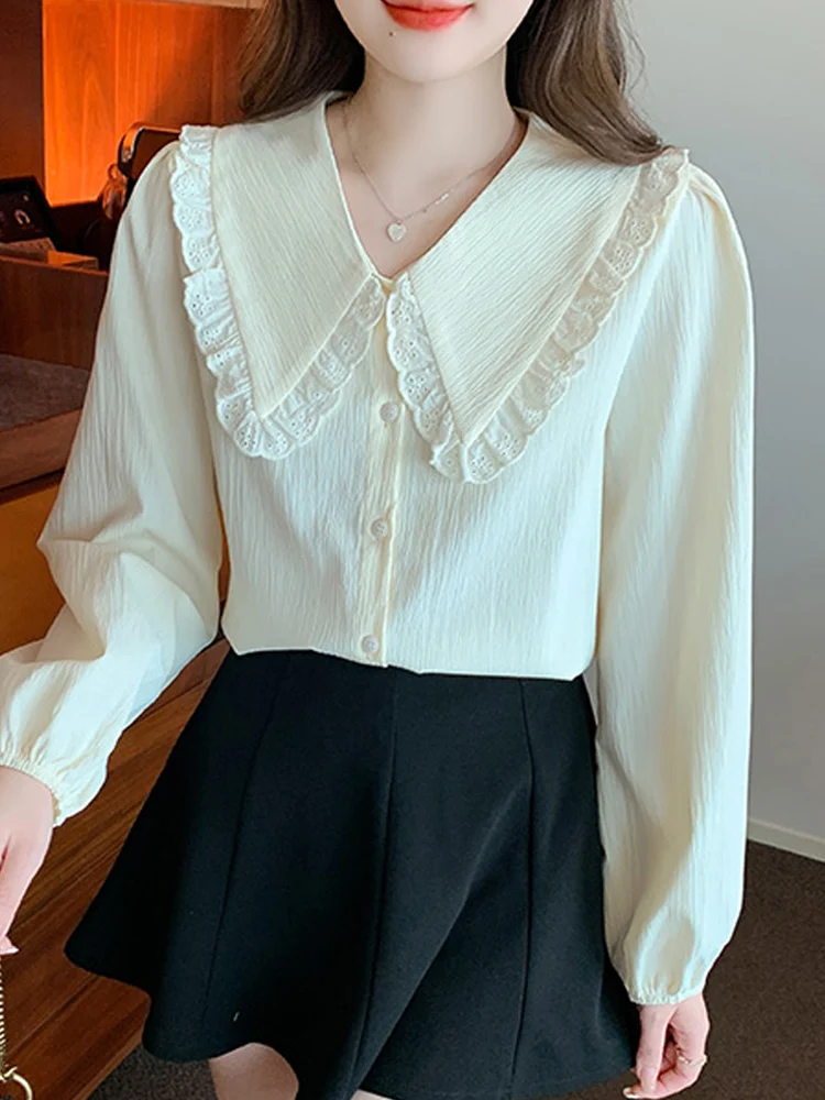 

Blouse Women Long Sleeve Apricot Chiffon Blouse Shirt Tops Women Blusas Mujer De Moda 2024 Blusa Feminina Blouses Shirts F512