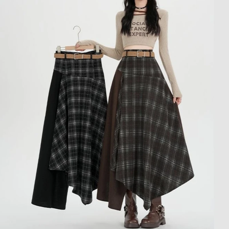 Qiukichonson Long Skirts Women Plaid Skirt Vintage Spring Autumn Patchwoek High Waist Ruffles Asymmetrical Maxi Skirt With Belt