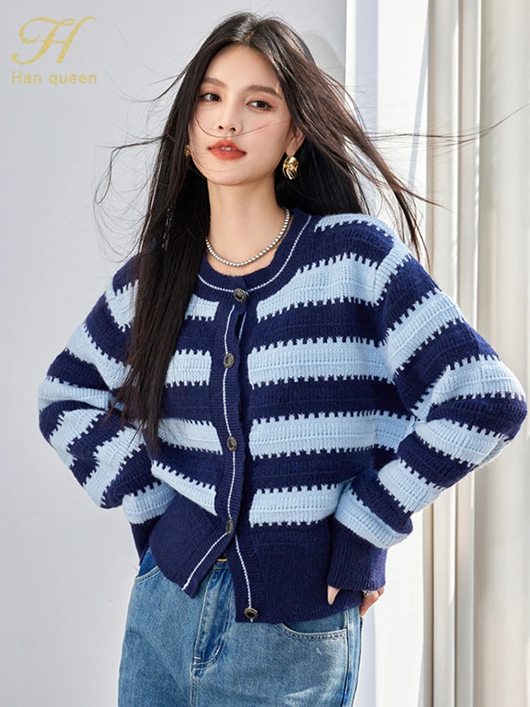 

H Han Queen осень-зима эластичный кардиган свитера шикарный трикотаж корейский милый свободный простой полосатый свитер с длинными рукавами женский