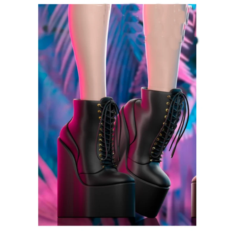 

Black Platform Lace Up Mid Calf Boots Wedge Heel Round Toe Fashion Sexy Cool 2024 Winter Big Size Woman Shoes Zapatillas Mujer