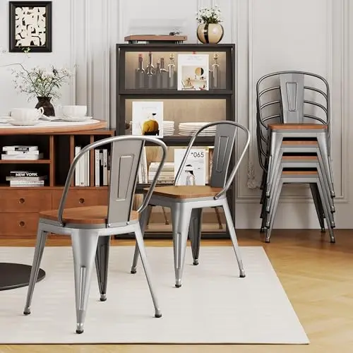 طقم كراسي طعام معدنية مقاس 18 بوصة مكون من 4 قطع، كراسي مزرعة حديدية عالية الظهر، قابلة للتكديس الصناعي، مقعد خشبي - فضي