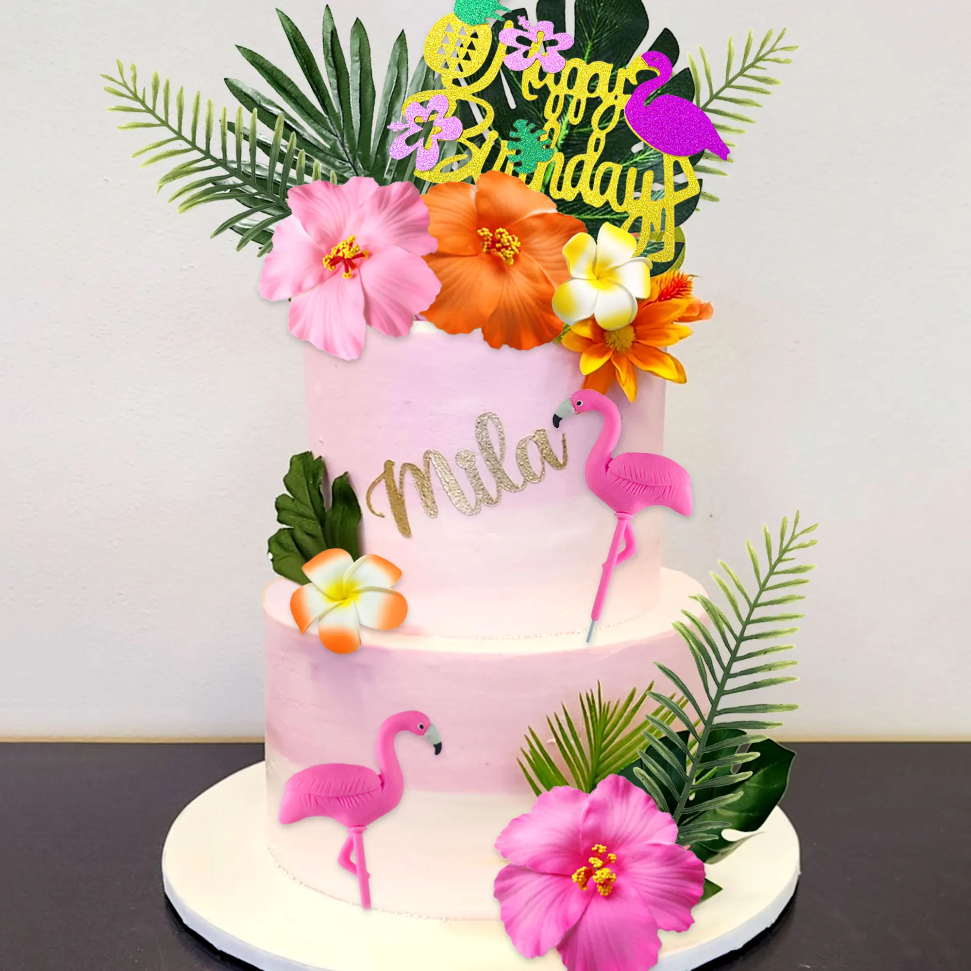 LaVenty Tropical Flamingo Geburtstagstorte Topper Strand Kuchen Dekorationen Hawaiianische Kuchen Topper Strand Kuchen Dekorationen für Geburtstag – Detail 2
