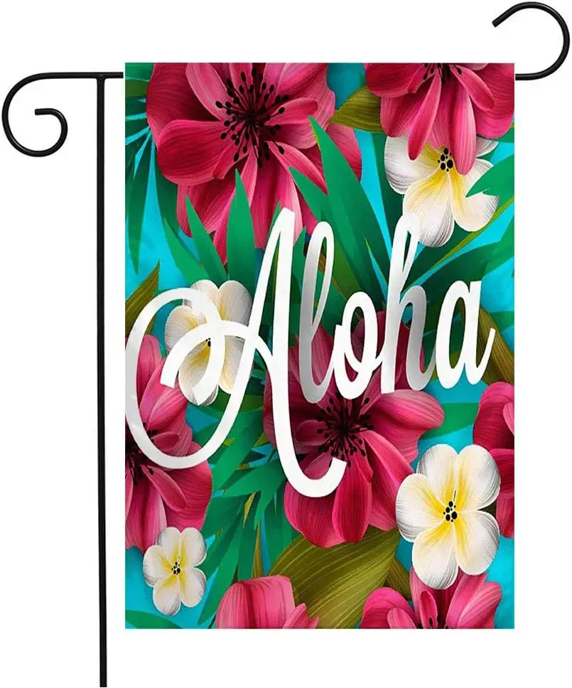 Garden Flag Welcome Flag Magnolia Aloha Beach Hawaii Palm Hand Frangipani Retro Lettering Hibiscus Pink Nature Textures 12x18 In