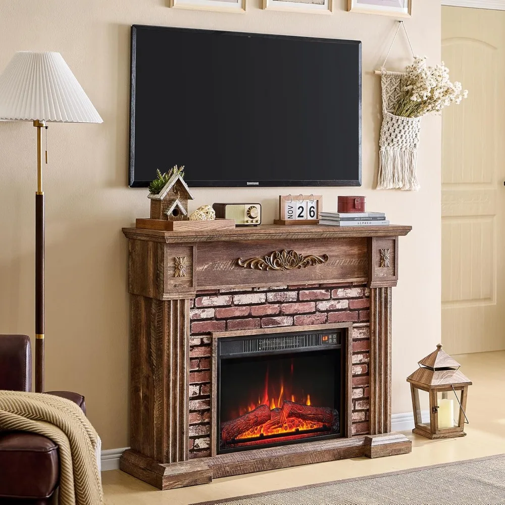 Chimenea eléctrica de 43" con repisa, calentador de chimenea eléctrica, soporte para TV con chimeneas eléctricas independientes, envolvente de piedra apilada
