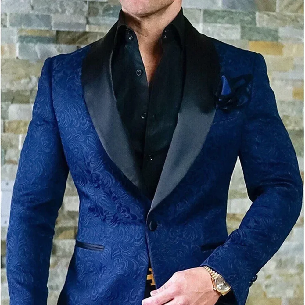 Men Jackets Royal Blue High-end Jacquard Shawl Lapel One Button Coat 1 Piece Fashion Groom Wedding Party Prom Jacket Slim