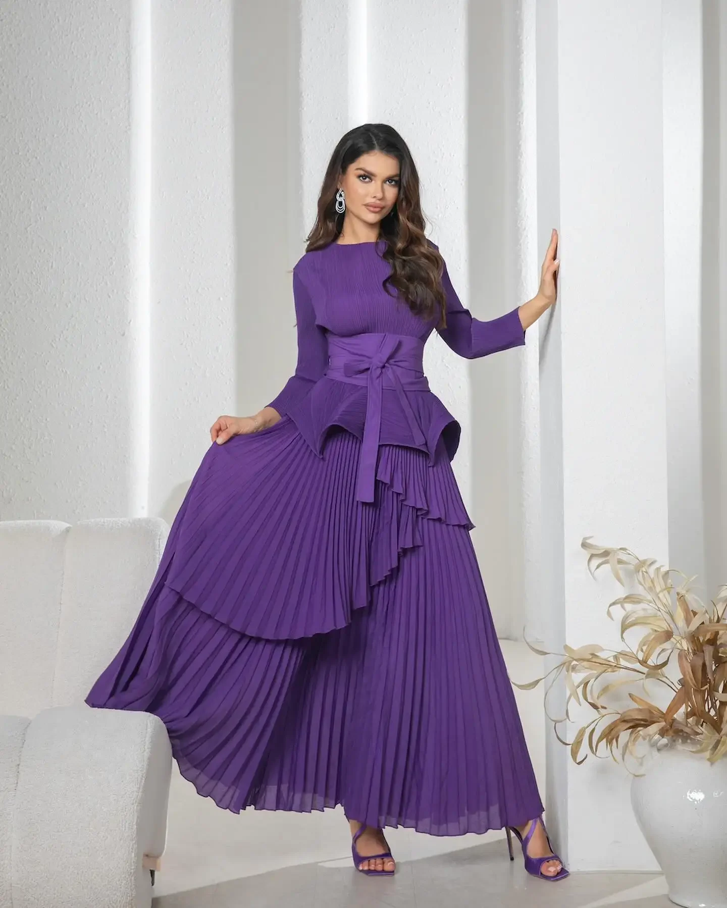 Modest Pleated Irregular Lantern Dress Long Swing Skirt Evening Dress Middle Eastern Casual Two-piece Women Dress