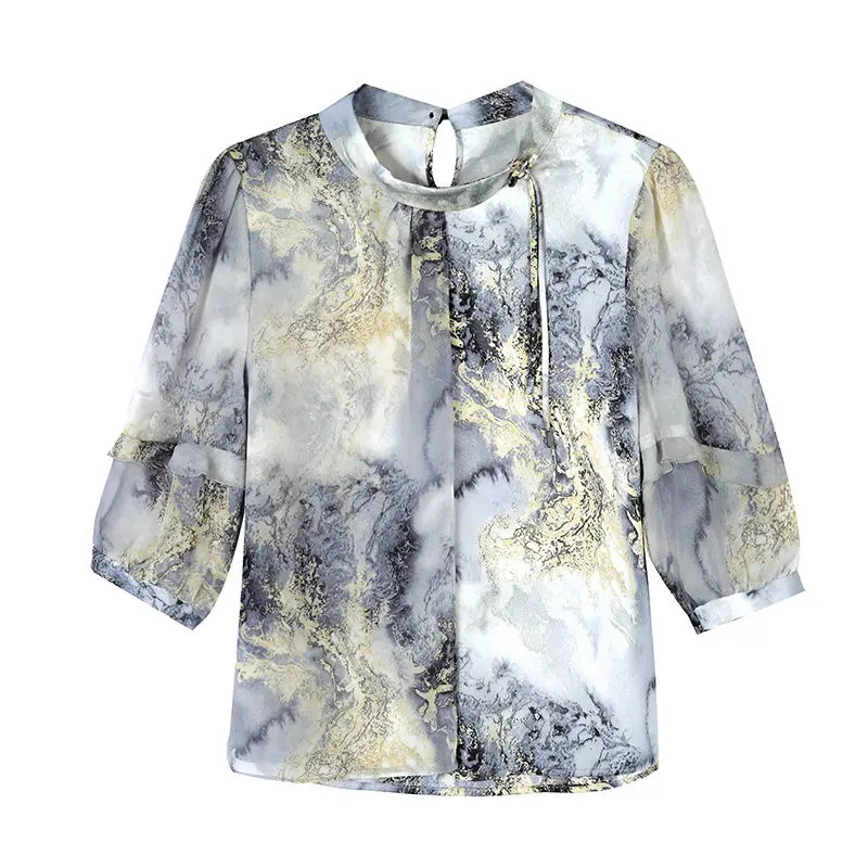 Novo estilo chinês floral chiffon topo manga de cinco quartos estilo nacional feminino verão nova mãe temperamento camisa