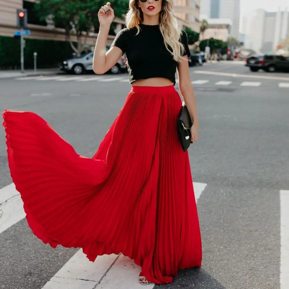 Elegant Elastic High Waist Pleated Skirt Women Solid Color Large Hem A-Line Long Skirt Work Fashion Female Skirt Summer