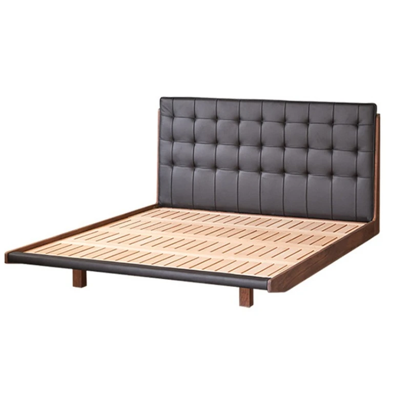 Retro solid wood soft bag bed, master bedroom small apartment, Nordic black walnut, leather art double bed