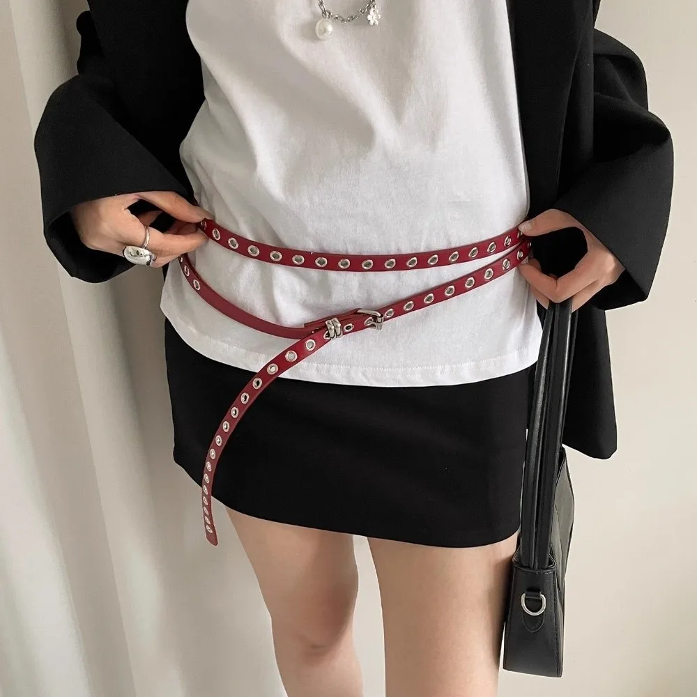 

Adjustable PU Leather Waist Belt Gothic Extra Long Thin Double Layer Circle Chain Punk Retro Rivet Eyelet Knotted Belt Rock