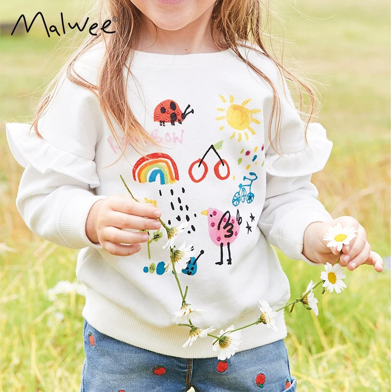 Malwee Girls' Hoodie Autumn Edition Cartoon Animal and Plant Printed Cotton Long Sleeve Girls' Round Neck Top Autumn Bottom Shir