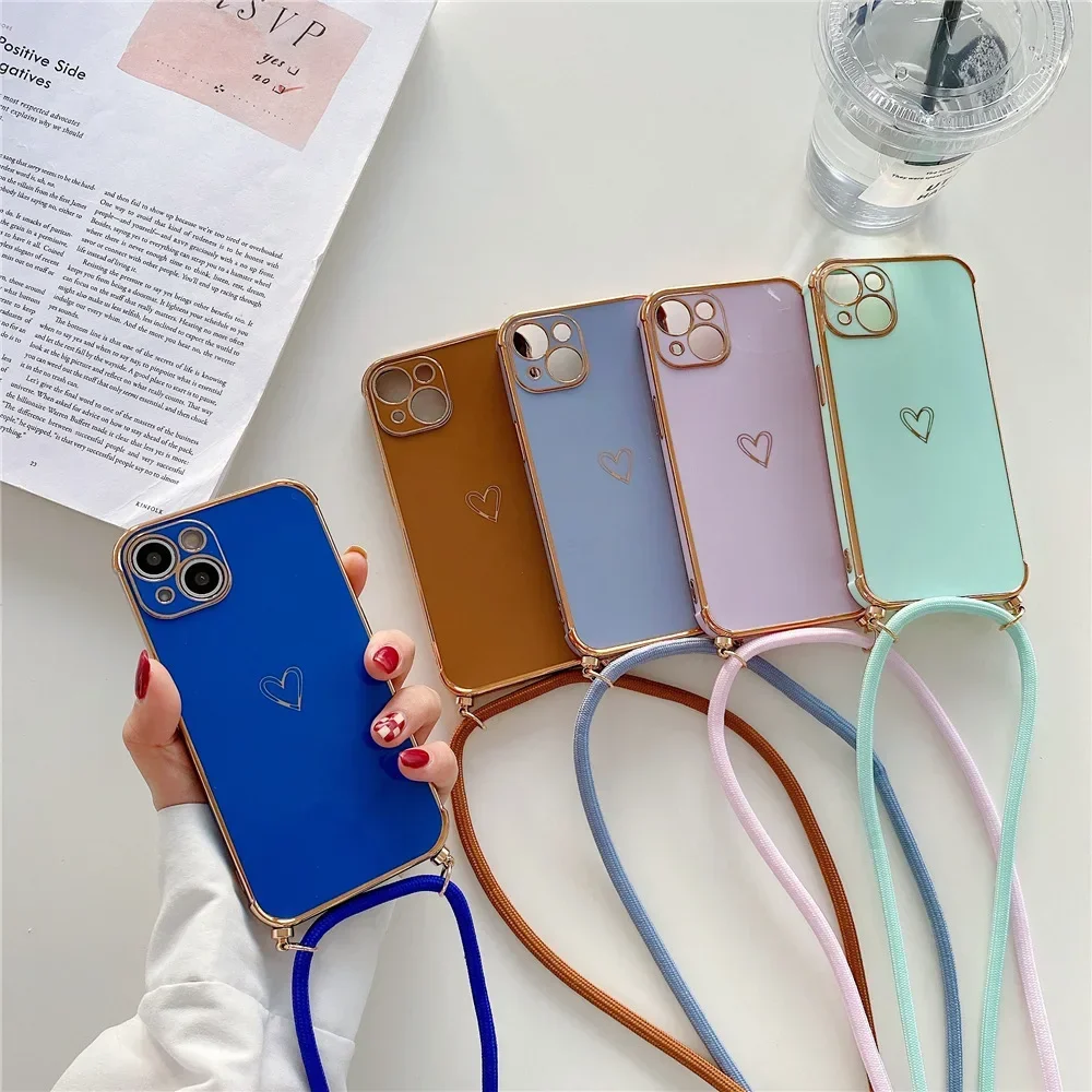 Electroplating Love Heart Crossbody Lanyard Phone Case For IPhone 17 16 Pro Max 15 14 13 12 11 Xr SE2/SE3 Shockproof Back Cover