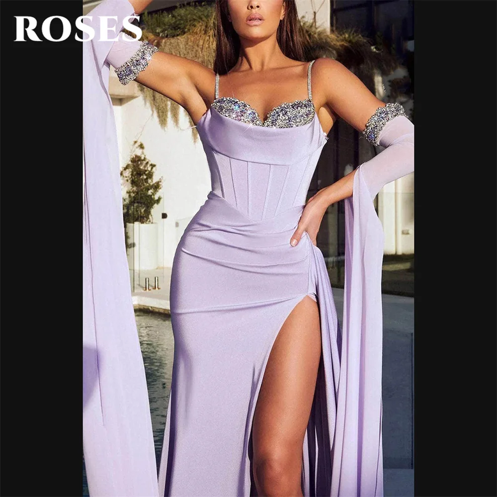 ROSES-Robe de Bal Violette en Mousseline de Soie pour Femme, Tenue de Soirée Sirène à Fente Haute, Bretelles Spaghetti, Poignées à Paillettes, Manches Détachables