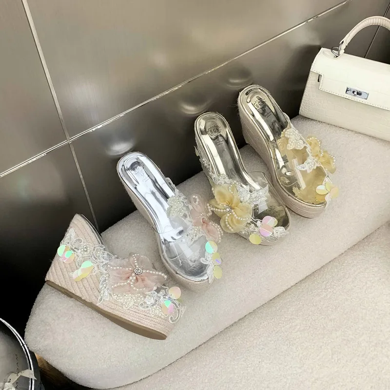 Sandal wedge platform kristal baru musim panas sepatu jari terbuka untuk wanita pakaian luar sandal wanita Bohemian anyaman ultra tinggi seksi