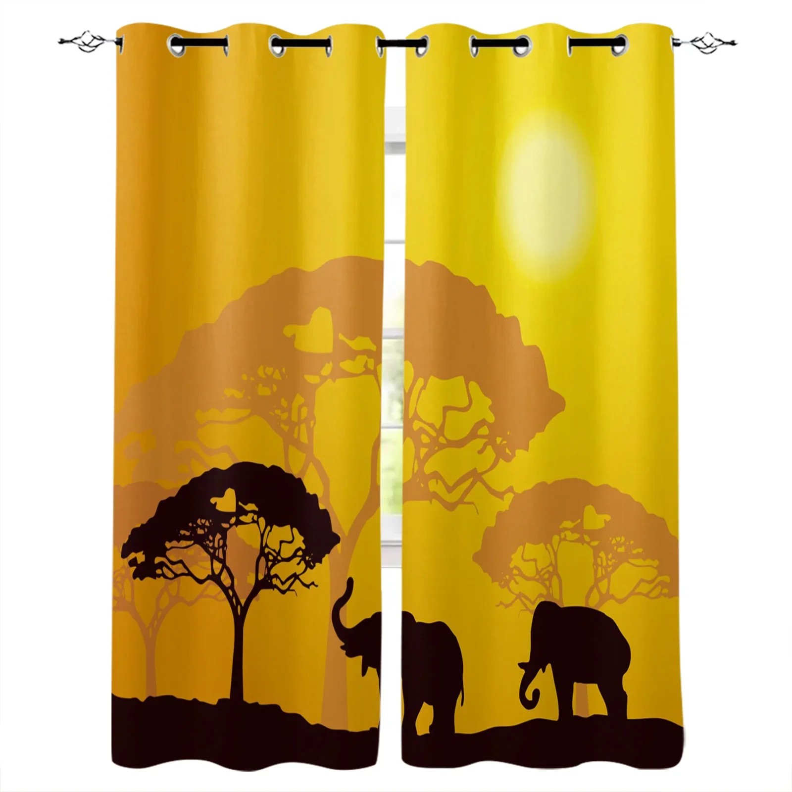 

African Elephant Forest Tree Silhouettes Blackout Curtains Window Curtains For Bedroom Living Room Decor Window Treatments