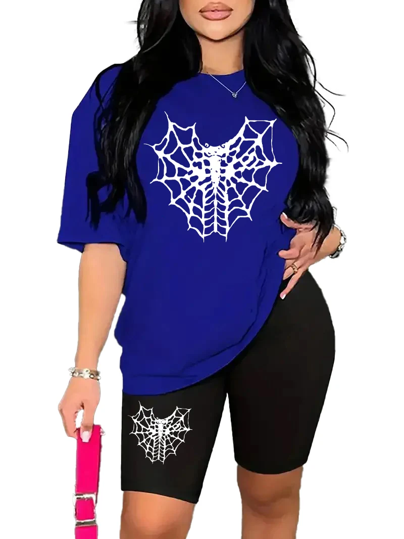 

Halloween Ladies Casual 2 2-piece sportswear, Spider print comfortable crew neck sports T-shirt and shorts, women's sportswear