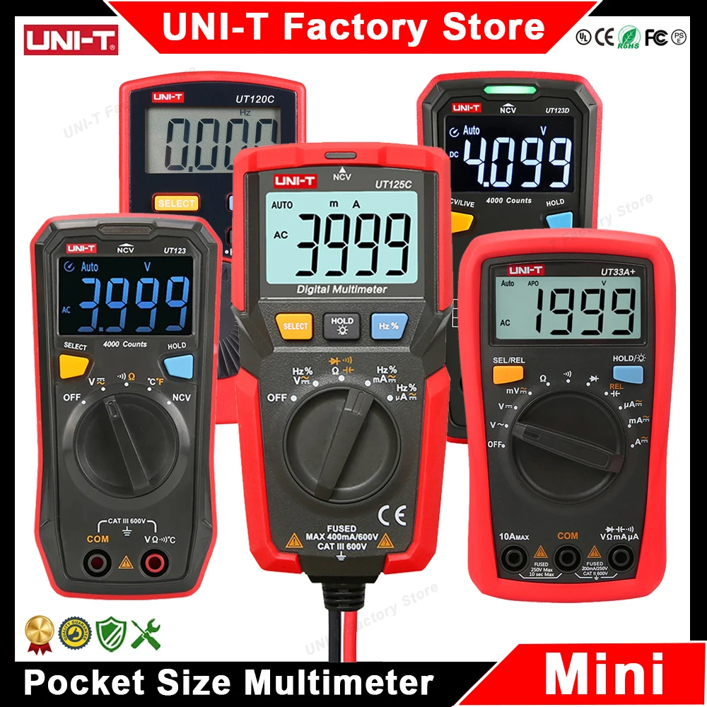 UNI-T مقياس متعدد صغير UT33A + UT33B + UT33C + UT33D + UT120A UT120B UT120C UT123 UT123D UT125C مقياس رقمي متعدد بحجم الجيب