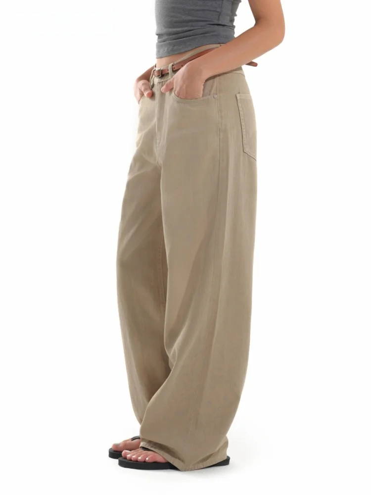 

Широкие джинсы цвета хаки из чистого хлопка, свободный крой, повседневные джинсовые брюки с высокой талией, универсальные свободные ленивые брюки для всех сезонов