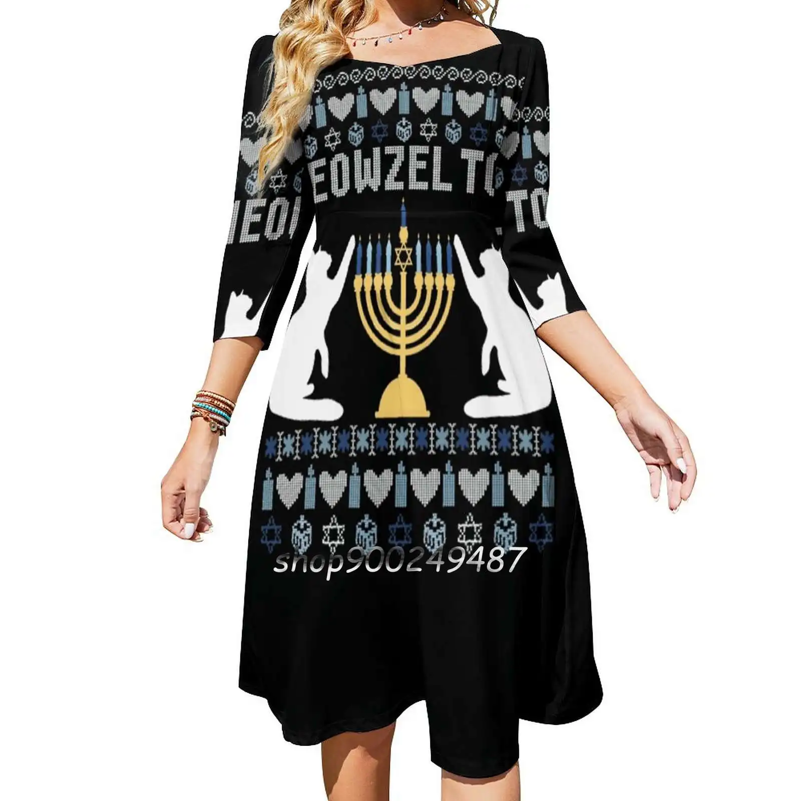 Meowzel Tov Chanukah Hemd Square Neck Kleid Nette Lose Druck Kleider Elegante Strand Party Kleid Lustige Chanukah Lustige Chanukka-schmucksachen-blau