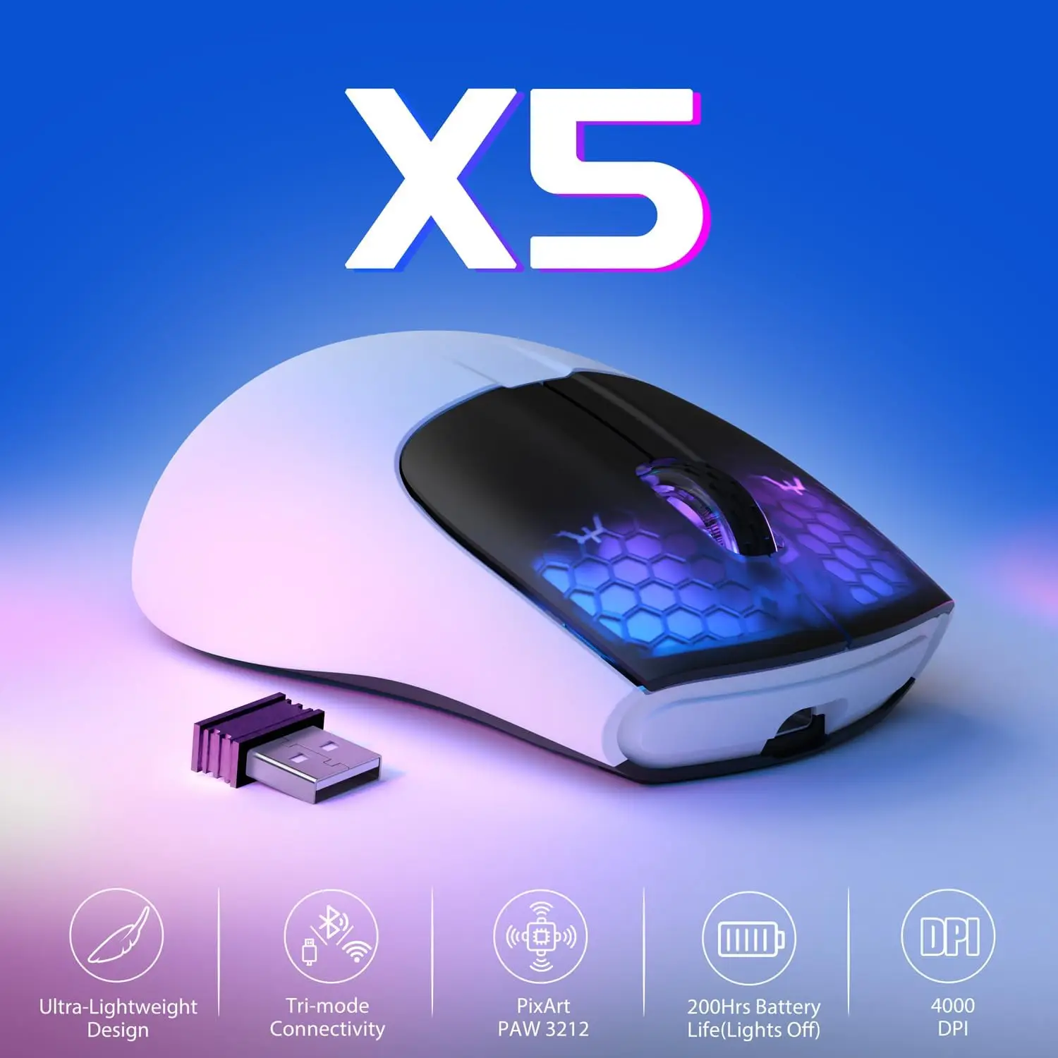 Attack Shark X5 Tri-mode Gaming Mouse, 49g Ultralight, 2.4Ghz/Wired/BT, PixArt Optical Sensor, 4000DPI, 200 Hours Battery, RGB