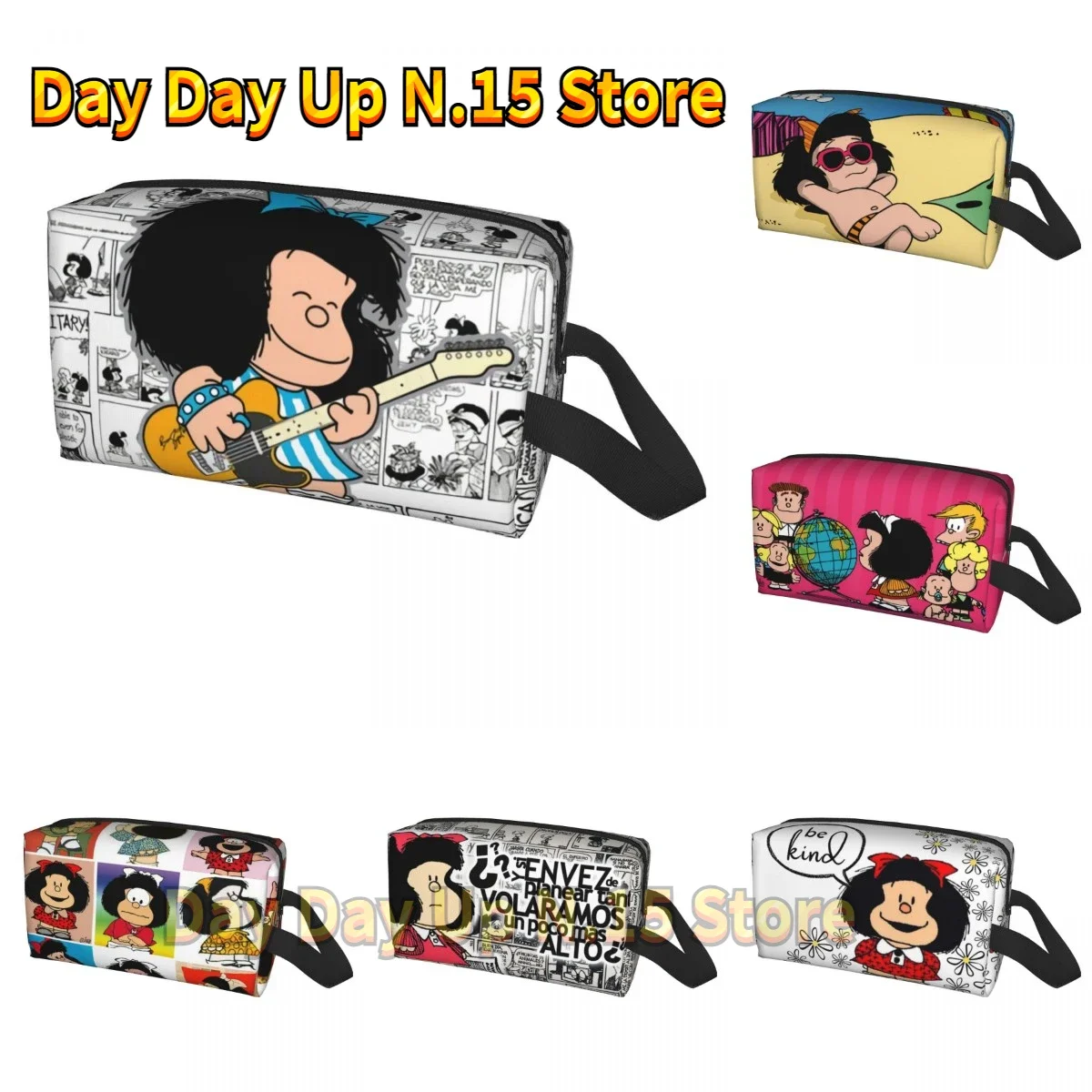 Fashion Kawaii Cartoon Anime Plaid Mafalda Travel Toiletry Bag for Women Quino Makeup Cosmetic Organizer Beauty Storage Dopp Kit