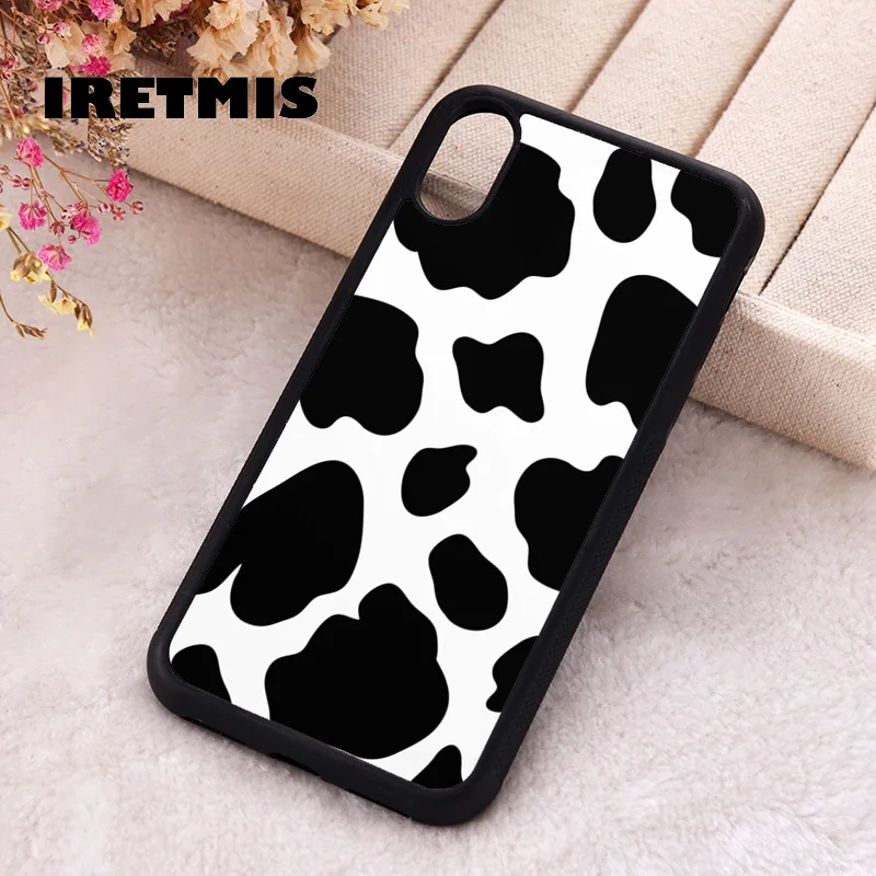 Iretmis Phone Cover Case For iPhone X XS Max XR 11 12 13 PRO MINI 14 15 16 Plus Rubber Cow Black Stains White Background