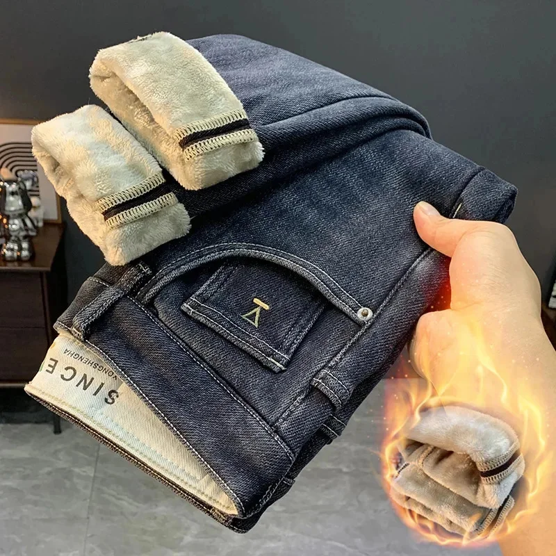 Pantalones vaqueros gruesos con forro polar de cachemira para hombre, pantalones rectos micro holgados cálidos y de moda para invierno