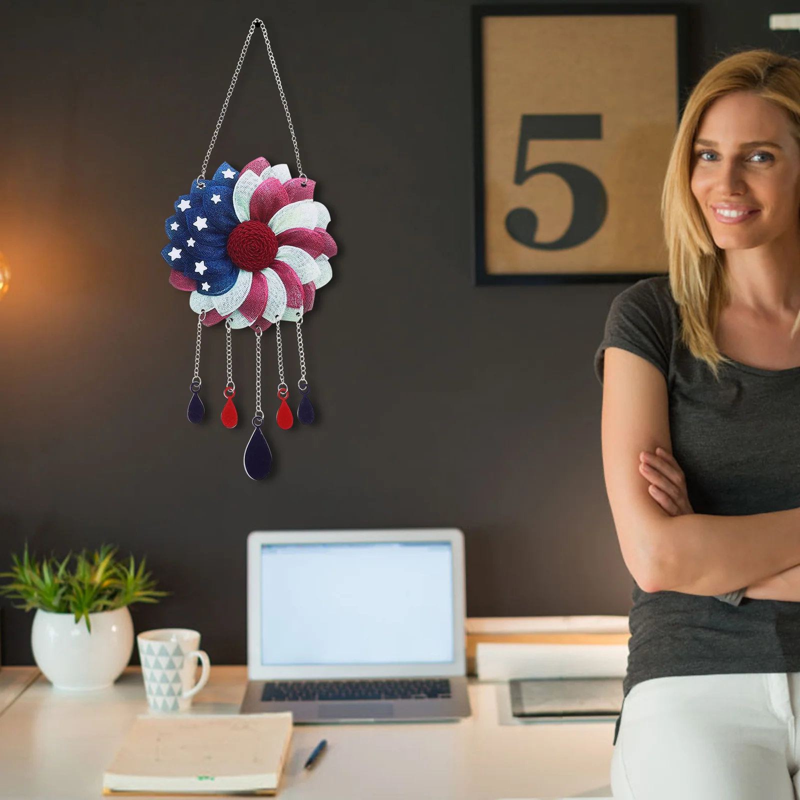 

Independence Day Decorations Wind Chime for 4th of July Pendant USA Flag Hanging Ornament Room American Floral Garland Wreath