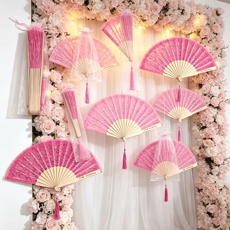 5 Sets/10 Sets/15 Sets/20 Sets of Custom Personalized Design Rose-Red Lace Folding Fans with Matching Tassels; Comes with a Gift Bag; Wall Decorations and Photo Props for Bridal Parties; Wedding Favors for Guests; Eleg