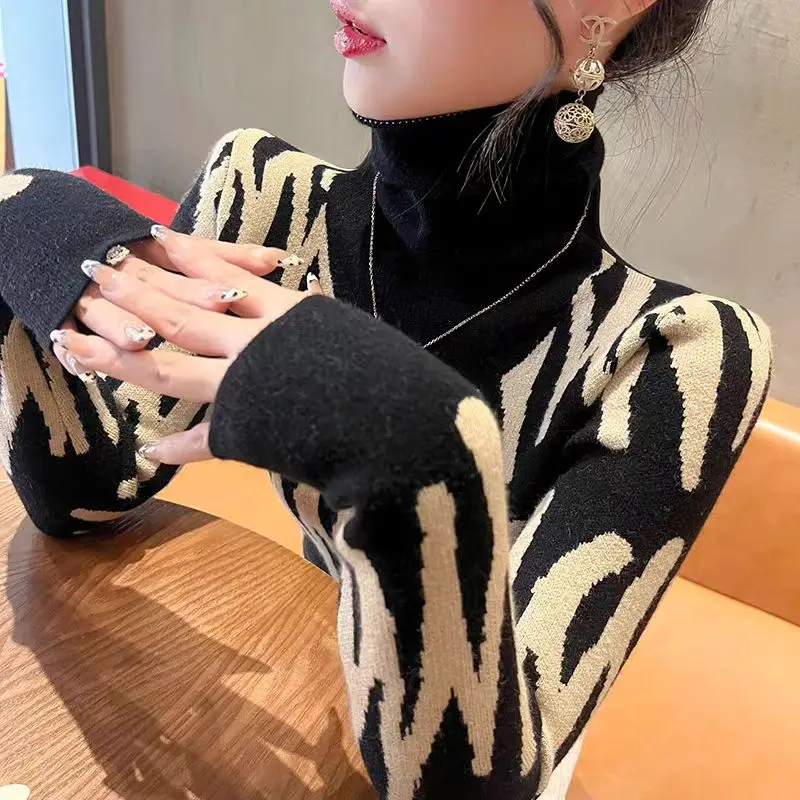 Women Clothing Elegant Chic Long Sleeve Turtleneck Turtleneck Autumn Winter Fashion All-match Slim Knit Pullovers Geometric Tops