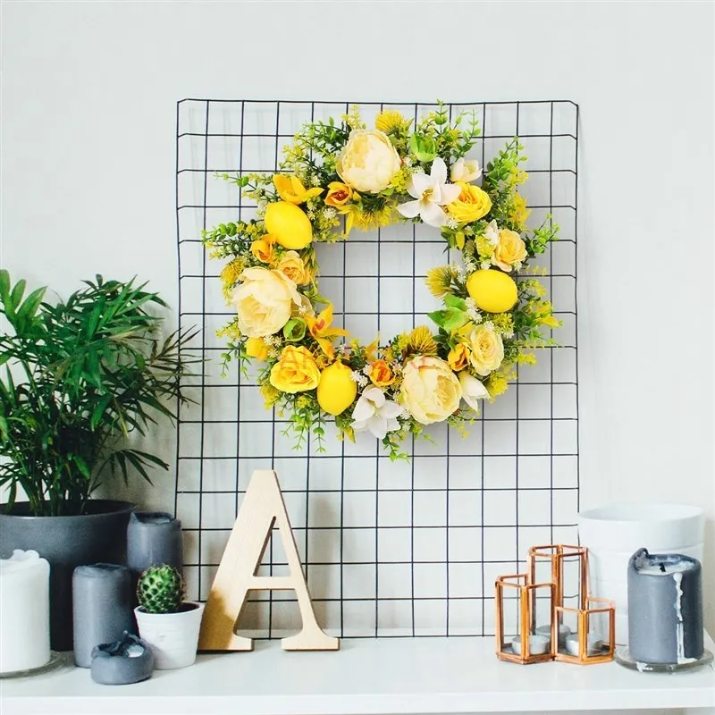 1PCS Summer Wreaths for Front Door, Artificial Lemon Door Wreath with Yellow Peony and Rose Flowers, Green Branches Wreaths