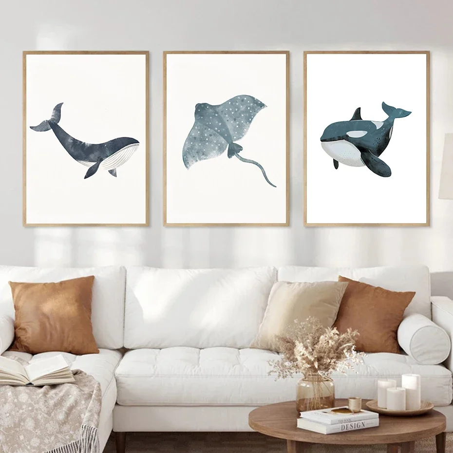 Shark Turtle Dolphin Whale Fish Ocean Animal Canvas Painting Wall Art Poster Print for Living Room Nursery Home Decor
