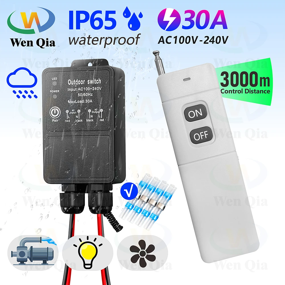 

433Mhz 110V 220V 30A High Power Wireless Remote Control Switch Outdoor Waterproof,3000m Control Range, for Pump Lamp Exhaust Fan