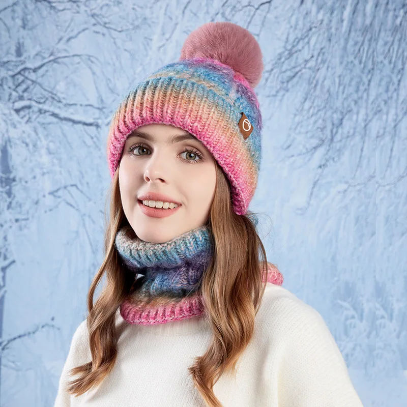 Winter warm hat scarf two-piece set with thick velvet and gradient color knitted yarn hat, fashionable pullover hat