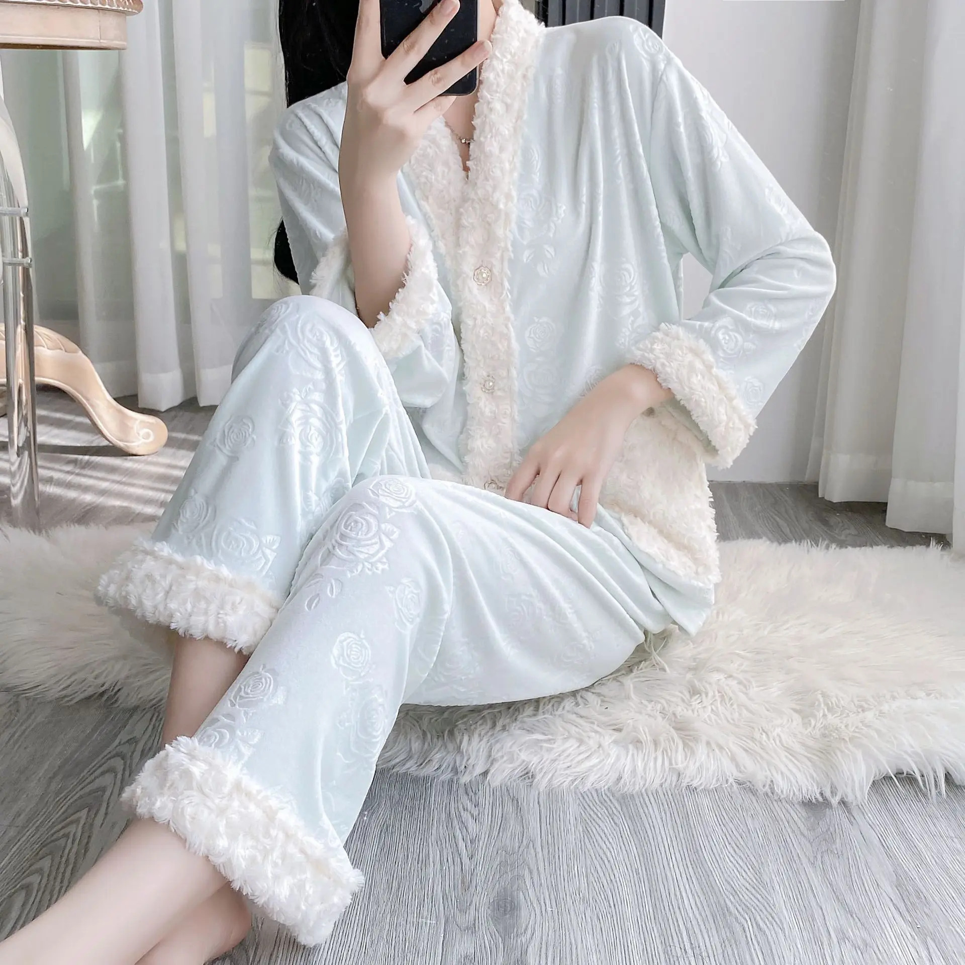 Island Velvet 2PCS Pajamas Sexy Lady Long Sleeve Pants Sleepwear Suit Homewear Autumn Winter Luxury Loungewear Trousers Set Pjs