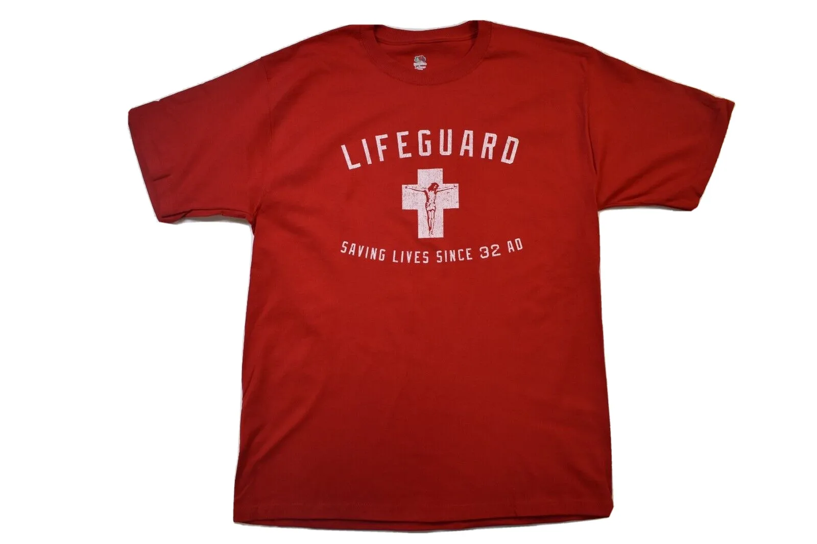 Mens Jesus Christ On Cross Lifeguard Saving Lives Since 32 AD Red Shirt New L