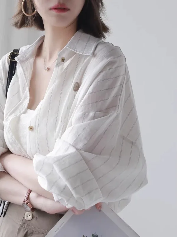 

Loose Striped Cotton Linen Long Sleeve Sun Protection Shirt Mid-Length Women's Fashion Summer 2026 Collar Open Cardigan