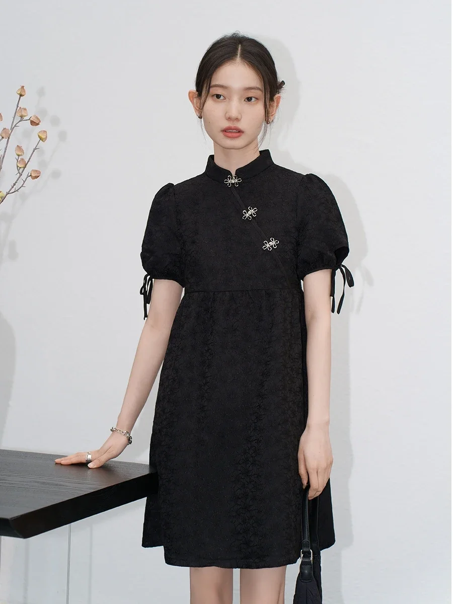 CHIC VEN Women Dresses Black Stand-up Collar New Chinese Jacquard Bubble Short Sleeved Mid Length Qipao Dress Summer 2024