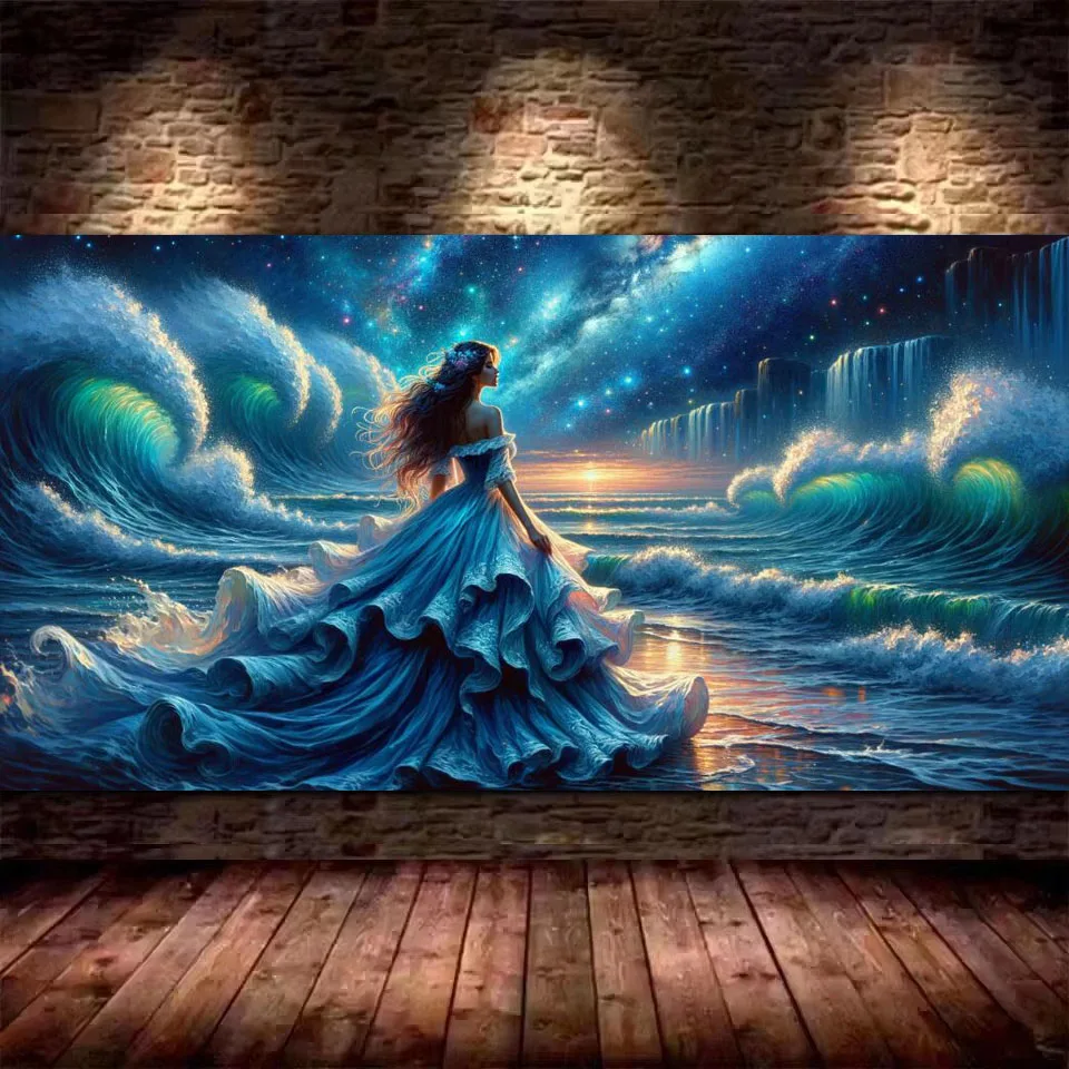 diamond painting beautiful woman, in a long,fluttering, wind-blown blue dress, Full Diamond Mosaic Embroidery Sale For Decor