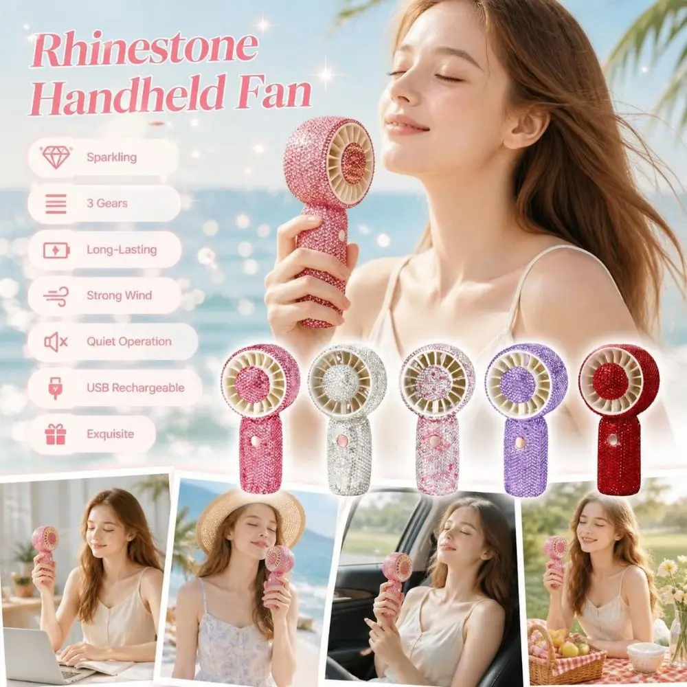 Sparkling Rhinestone Handheld Fan Long-Lasting Strong Wind Mini Cooling Fan Exquisite USB Rechargeable Portable Hand Fan Office