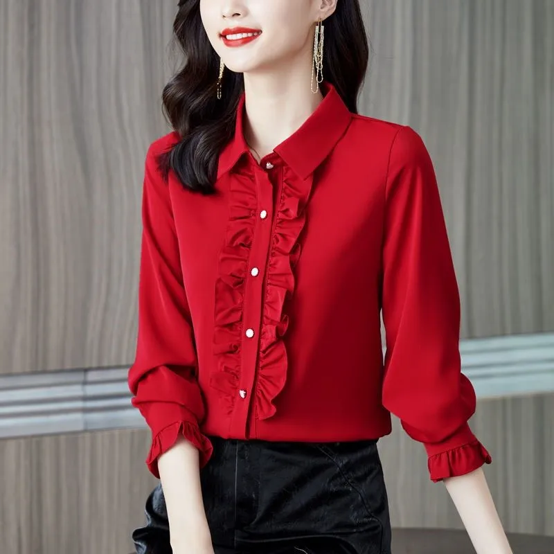 Women Blouse Ruffles Chiffon Shirts Clothes Spring Autumn Office Lady Long Sleeve Pullovers Elegant Vintage Blouse NS5872