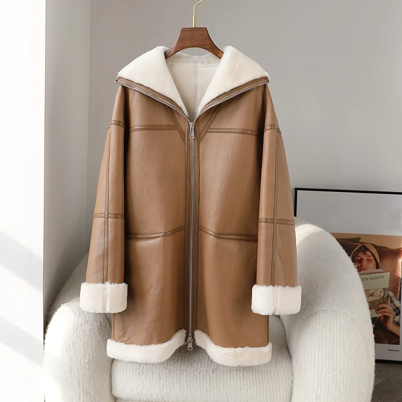 

PUDI New Design Genuine Leather Winter Warm Jacket Real Sheep shearing Fur Lining Elegant Coat CT332