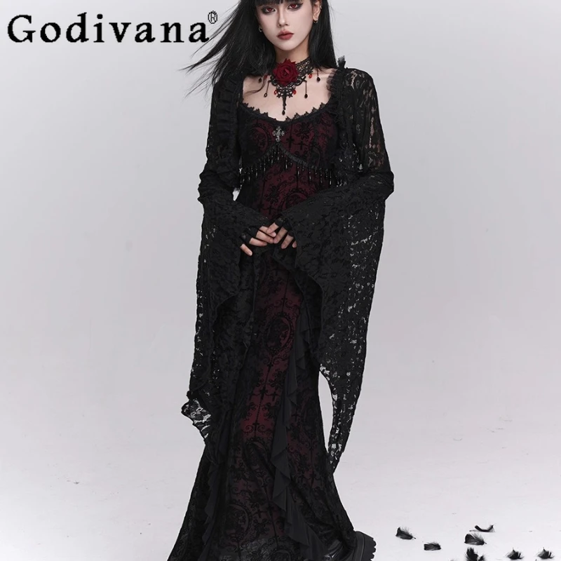 

Black Strap Dress and Long Sleeve Coat Set Women Gothic Style Halloween Outfit Female Subculture Christmas Lolita Suits