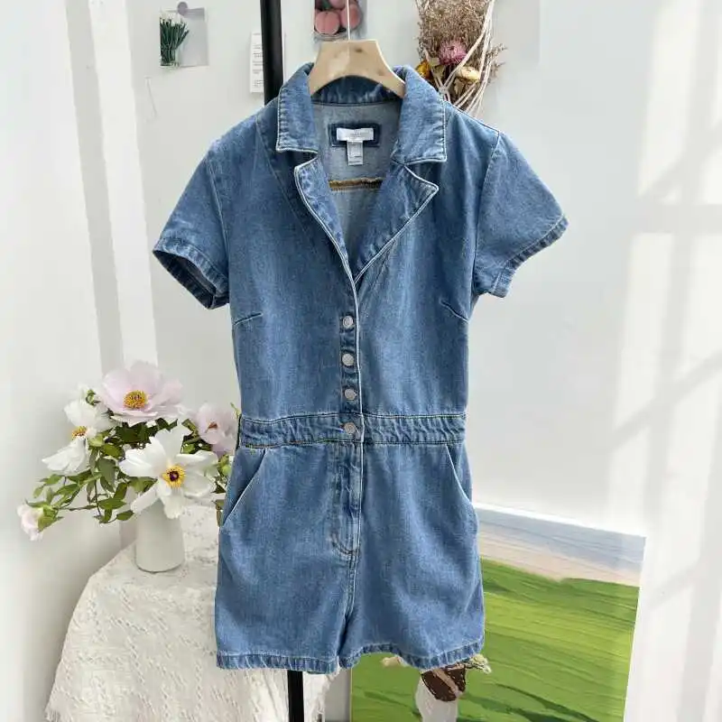 

Летний повседневный облегающий костюм V-Ne ort Sve Denim Rer с высокой талией, длина из хлопчатобумажной ткани, цельный костюм на пуговицах в стиле ретро