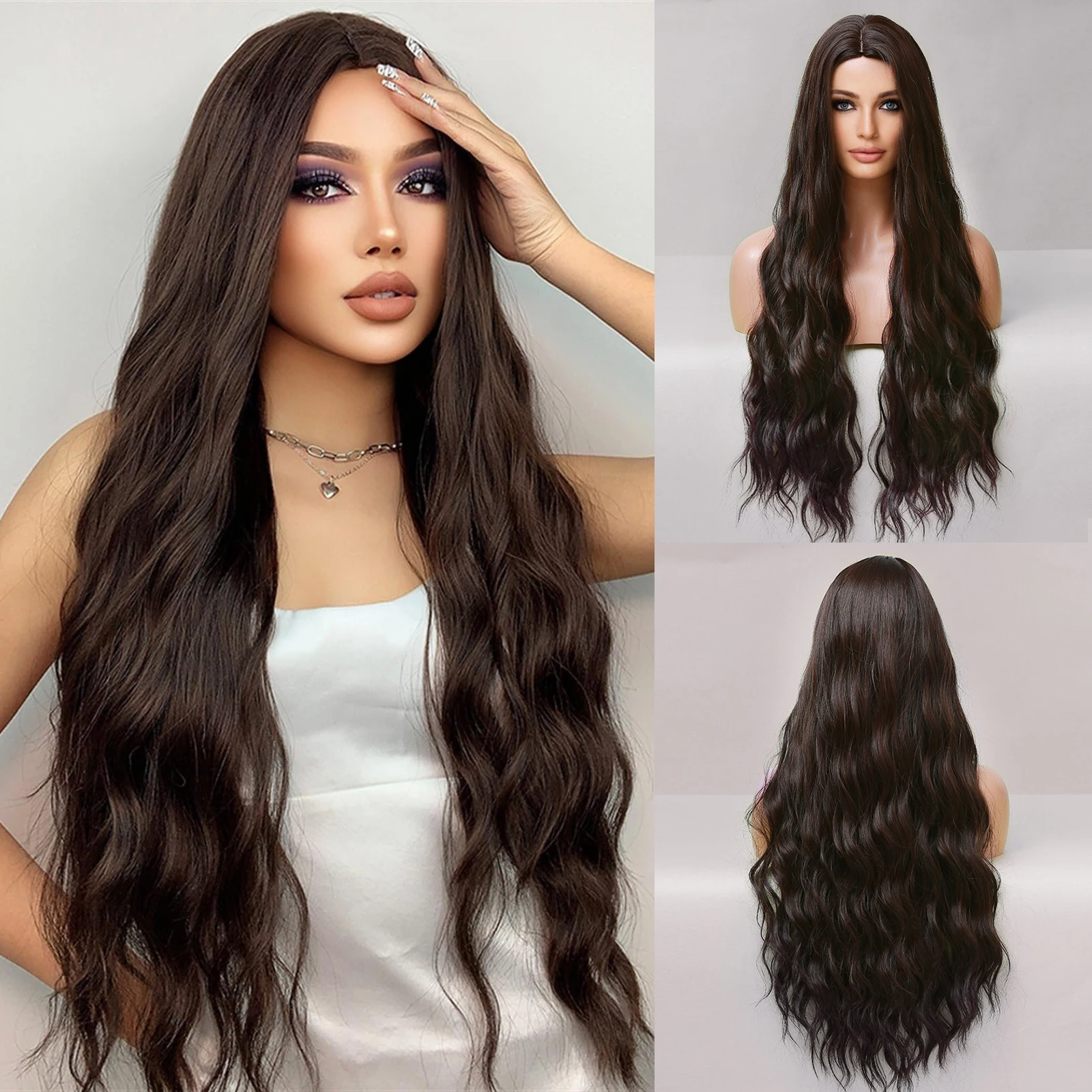 Long Brown Curly Synthetic Wig Middle Part Body Wave Natural Hair Wigs Daily Hairs for Women Cosplay Party Heat Resistant Fiber