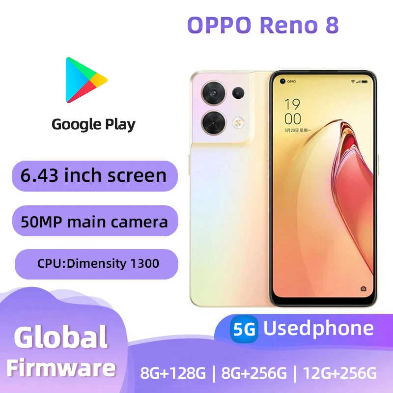 oppo Reno8 5G SmartPhone 90hz refresh rate 6.43 inch CPU MediaTek Dimensity 1300 50MP Camera used phone