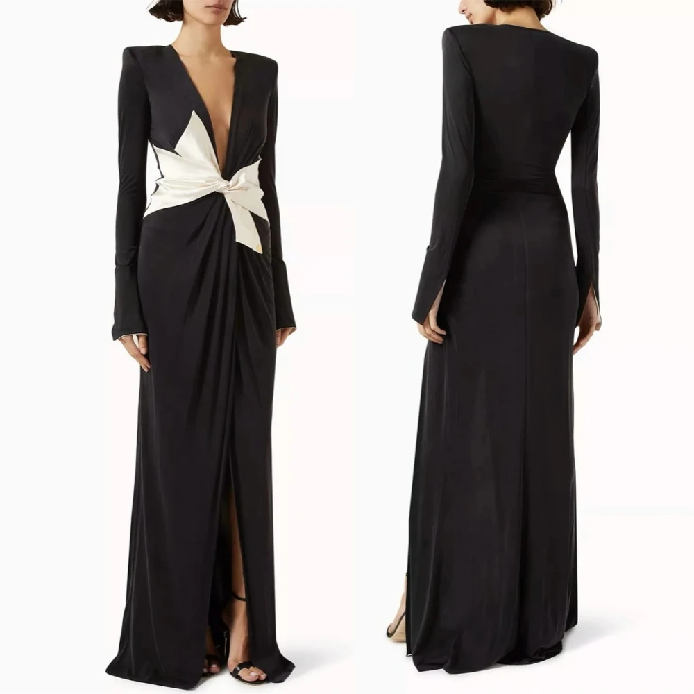 

Customized Simple Jersey Evening Dress Delicate Deep V-Neck Prom Dresses Temperament Long Sleeves Bow Special Occasion Gowns