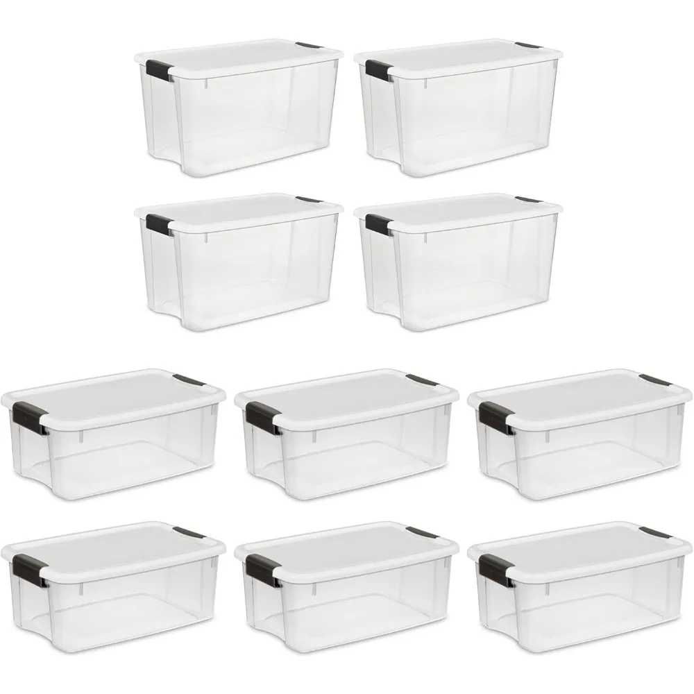 

4 Sets of 70-Quart & 6 Sets of 18-Quart Heavy-Duty Stackable Storage Container Tote, Clear Base w/White Latch lid for Home Orga