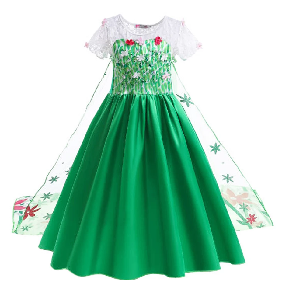 Elsa Cosplay Kids Clothes Princess Dress for Baby Girls Green Dress Floral Elsa Costume