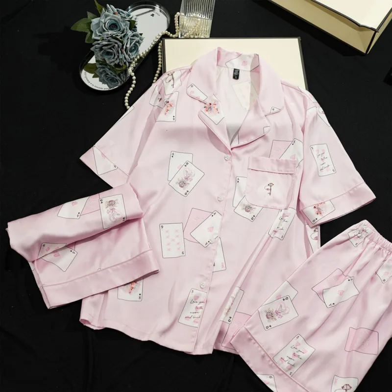 2024 Summer Three Piece Ice Silk Pajama Women Short Sleeve Set Pink Poker Ins Style Nightgown Sweet Cute Comfortable Loungewear